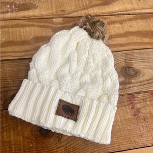 Women's Faux Fur Pom Pom Knitted Slouchy Beanie Hat with Leather Buffalo Logo